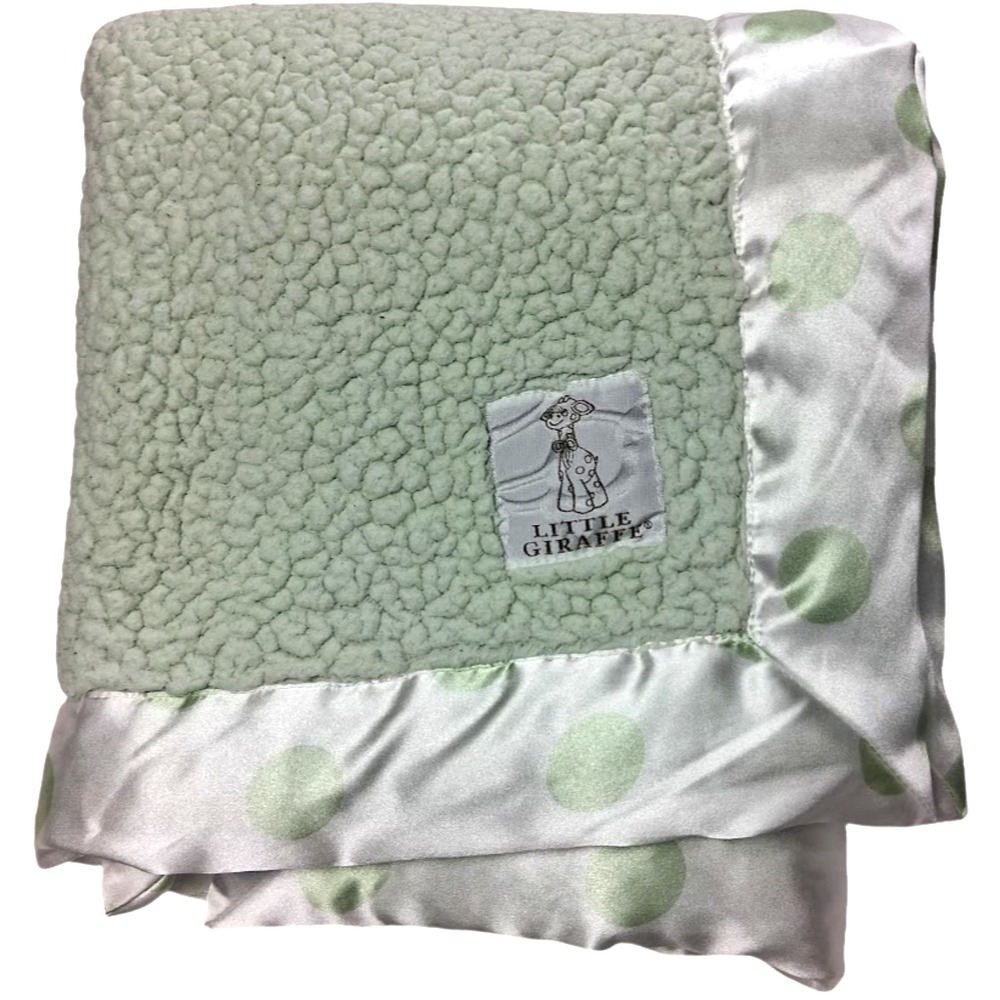 Little Giraffe Green White Satin Polka Dot Trim 28x34 Unisex Sherpa Blanket
